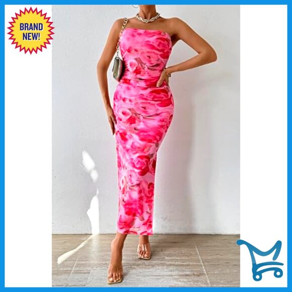 Strapless Maxi Bodycon Dress Floral Mesh Formal Wedding Guest Elegant - Picture 3 of 7